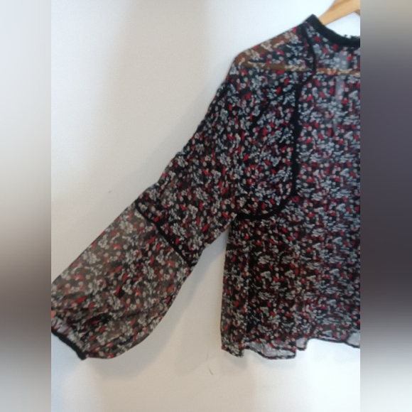 Zara Sheer Bohemian Floral Black Red White Lace Detail Flowy Peasant Top Sz S - Picture 3 of 8